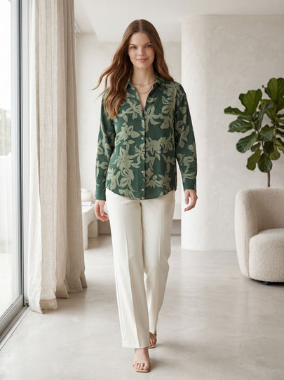 Satin Leaf Patterned Green Embossed Women's Shirt
