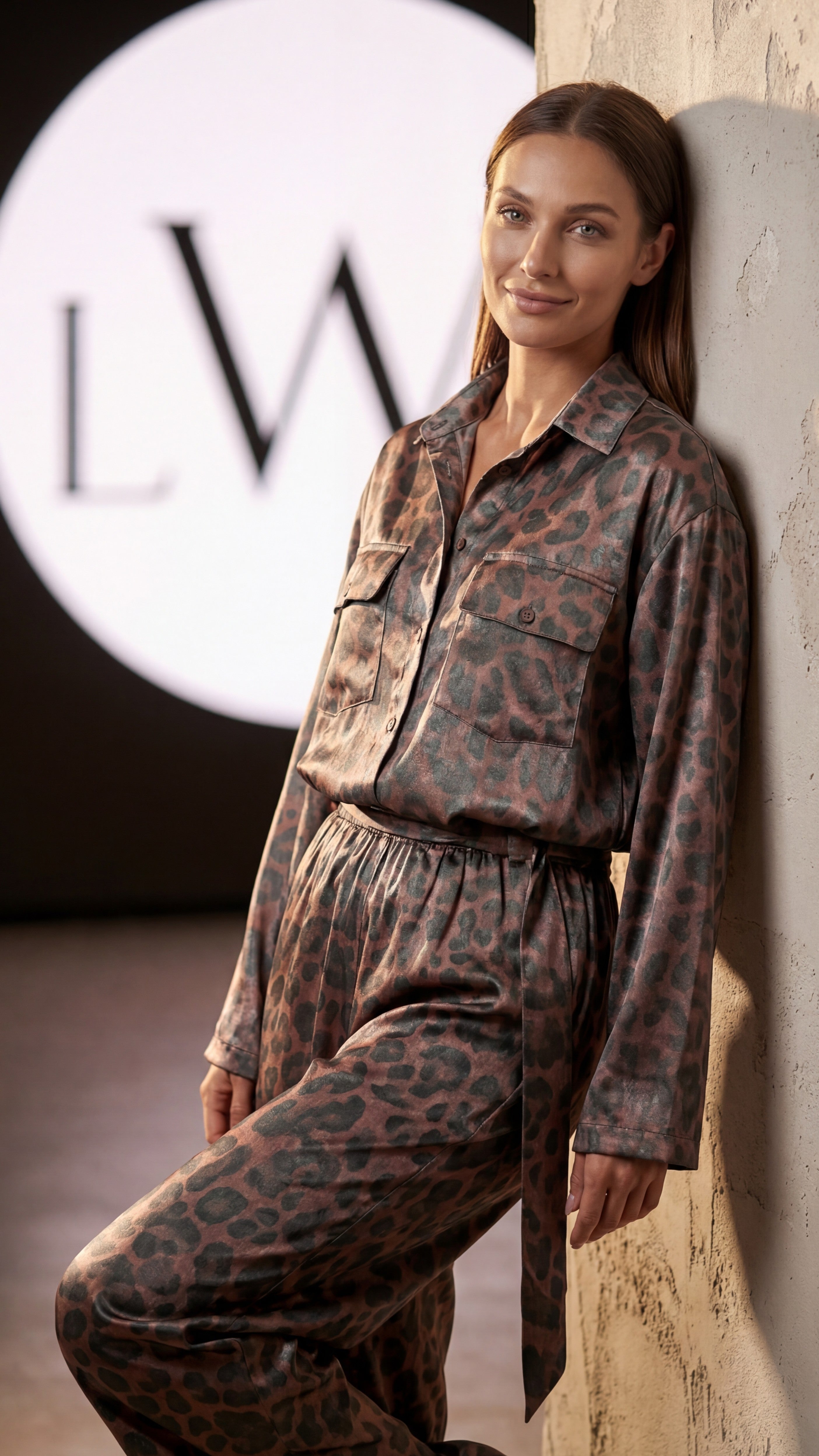 Satin Leopard Patterned Pocket Long Sleeve Women's Shirt