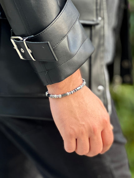 Volcanic Lava Stone and Metal Cylinder Beaded Adjustable Men's Bracelet