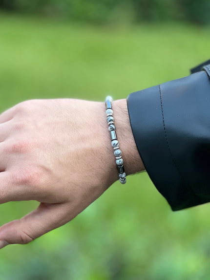 Volcanic Lava Stone and Metal Cylinder Beaded Adjustable Men's Bracelet