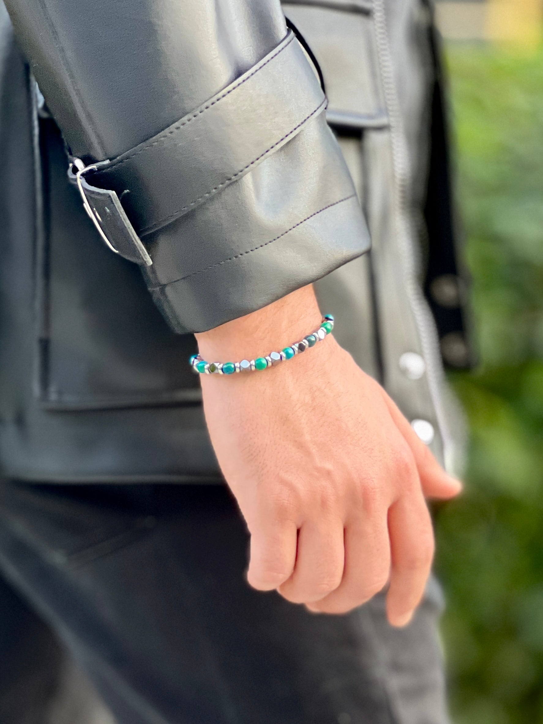 Turkuaz Doğal Taş ve Metal Boncuk Detaylı Erkek Bileklik