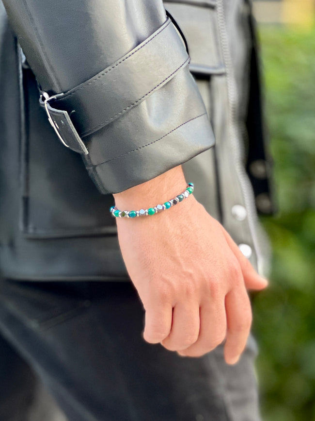 Turkuaz Doğal Taş ve Metal Boncuk Detaylı Erkek Bileklik