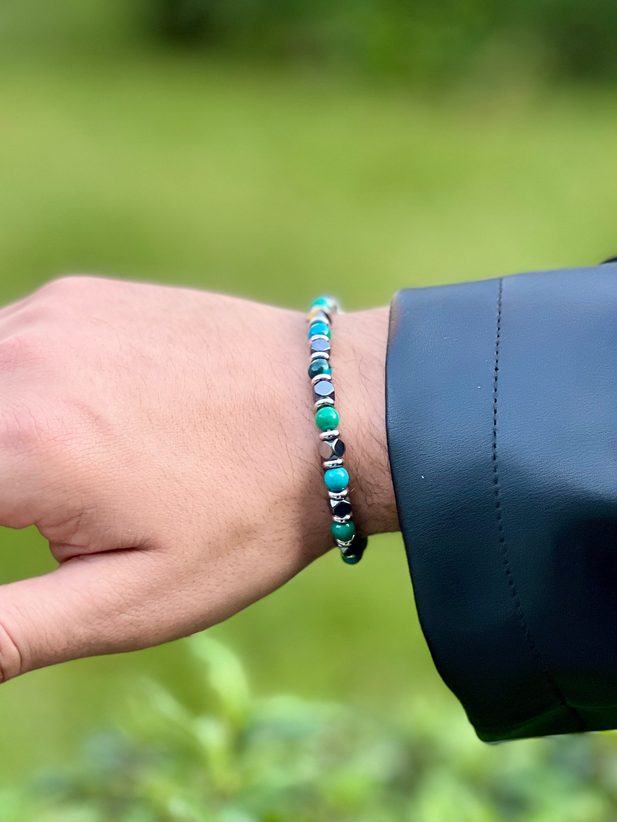 Turkuaz Doğal Taş ve Metal Boncuk Detaylı Erkek Bileklik