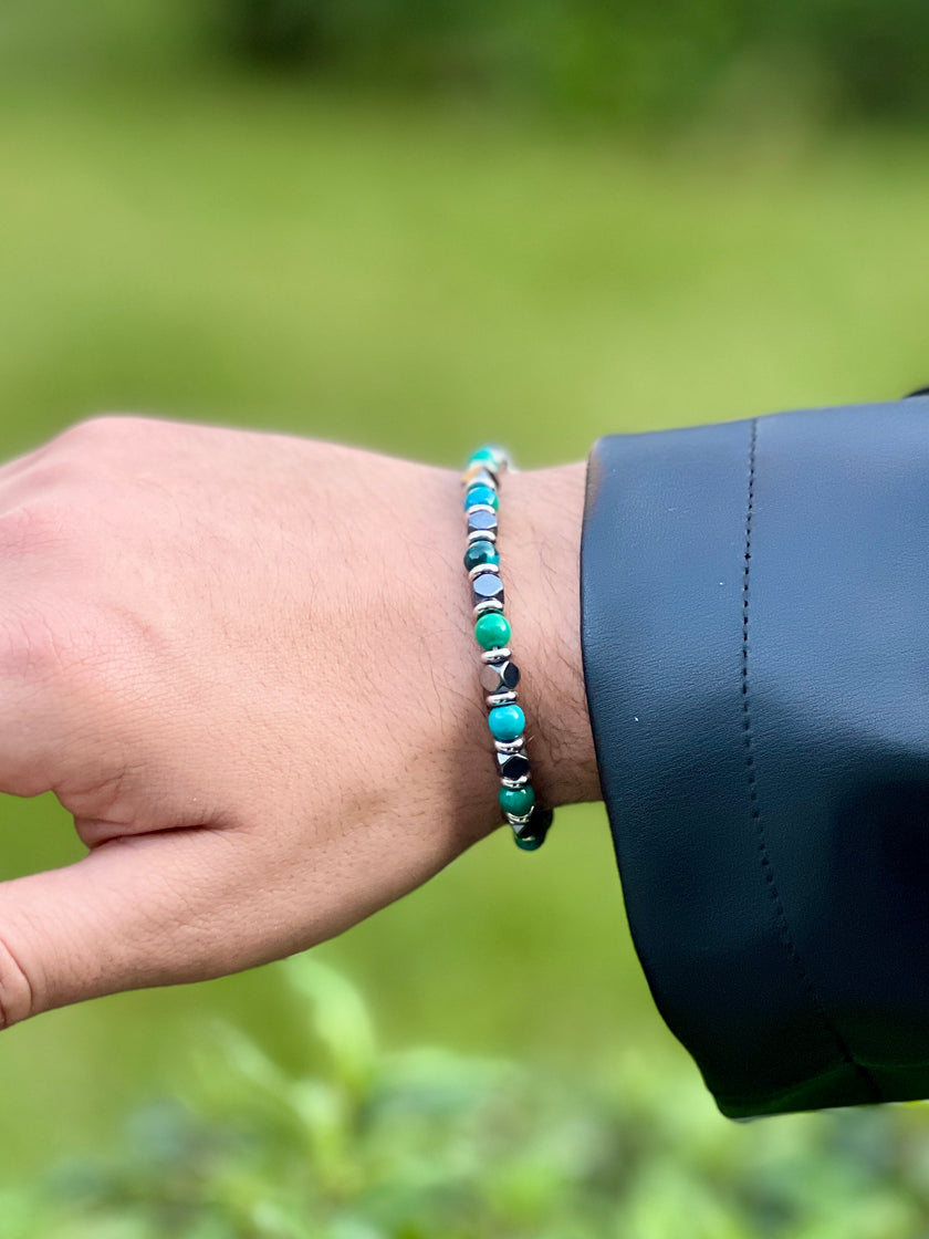 Turkuaz Doğal Taş ve Metal Boncuk Detaylı Erkek Bileklik