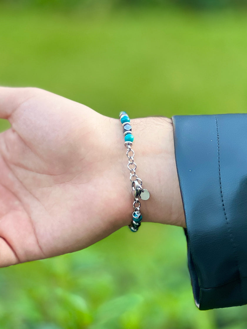 Turkuaz Doğal Taş ve Metal Boncuk Detaylı Erkek Bileklik