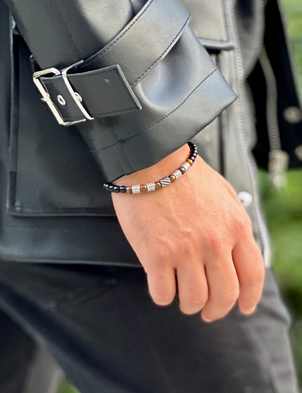 Thin Tiger Eye and Black Beaded Metal Patterned Men's Bracelet
