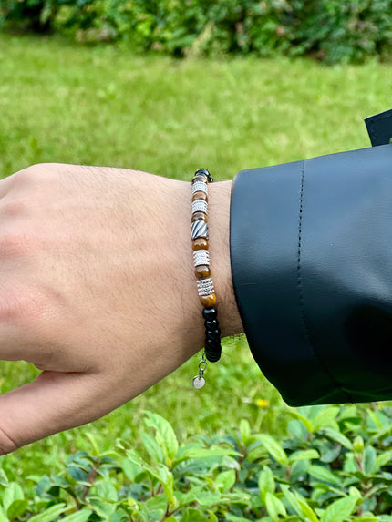 Thin Tiger Eye and Black Beaded Metal Patterned Men's Bracelet