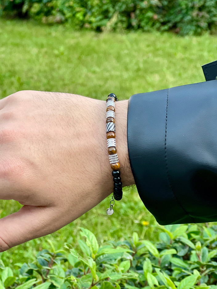 Thin Tiger Eye and Black Beaded Metal Patterned Men's Bracelet