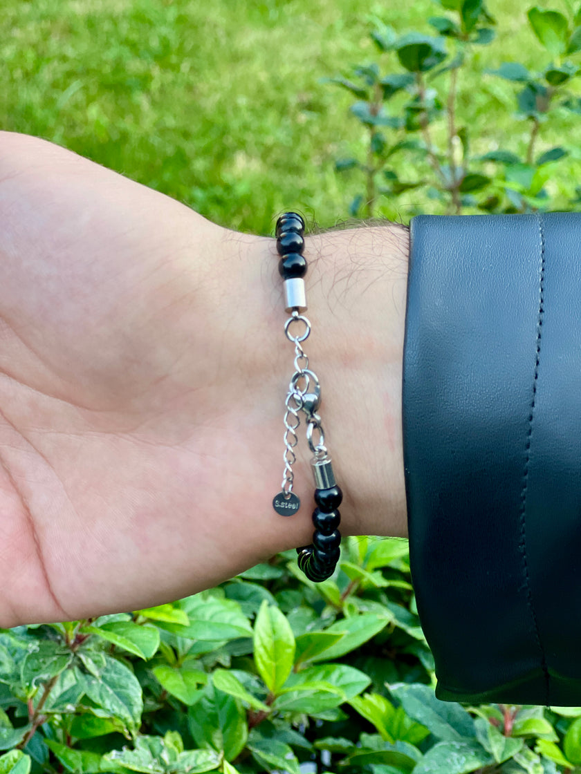 İnce Kaplan Gözü ve Siyah Boncuklu Metal Desenli Erkek Bileklik