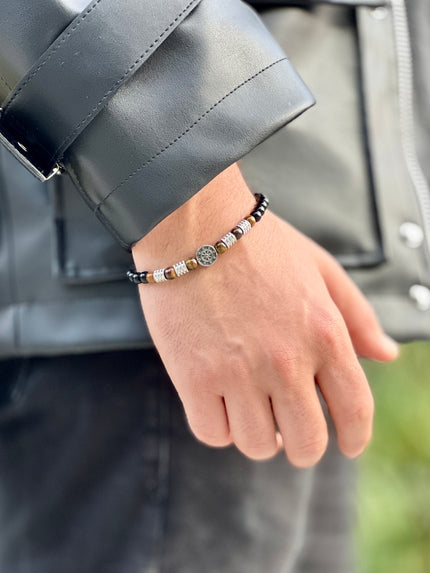 Adjustable Men's Bracelet with Tiger Eye and Black Beaded Symbol Detail