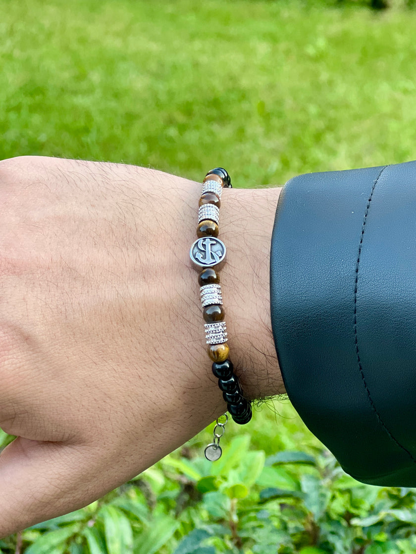 Kaplan Gözü ve Siyah Boncuklu Sembol Detaylı Ayarlanabilir Erkek Bileklik