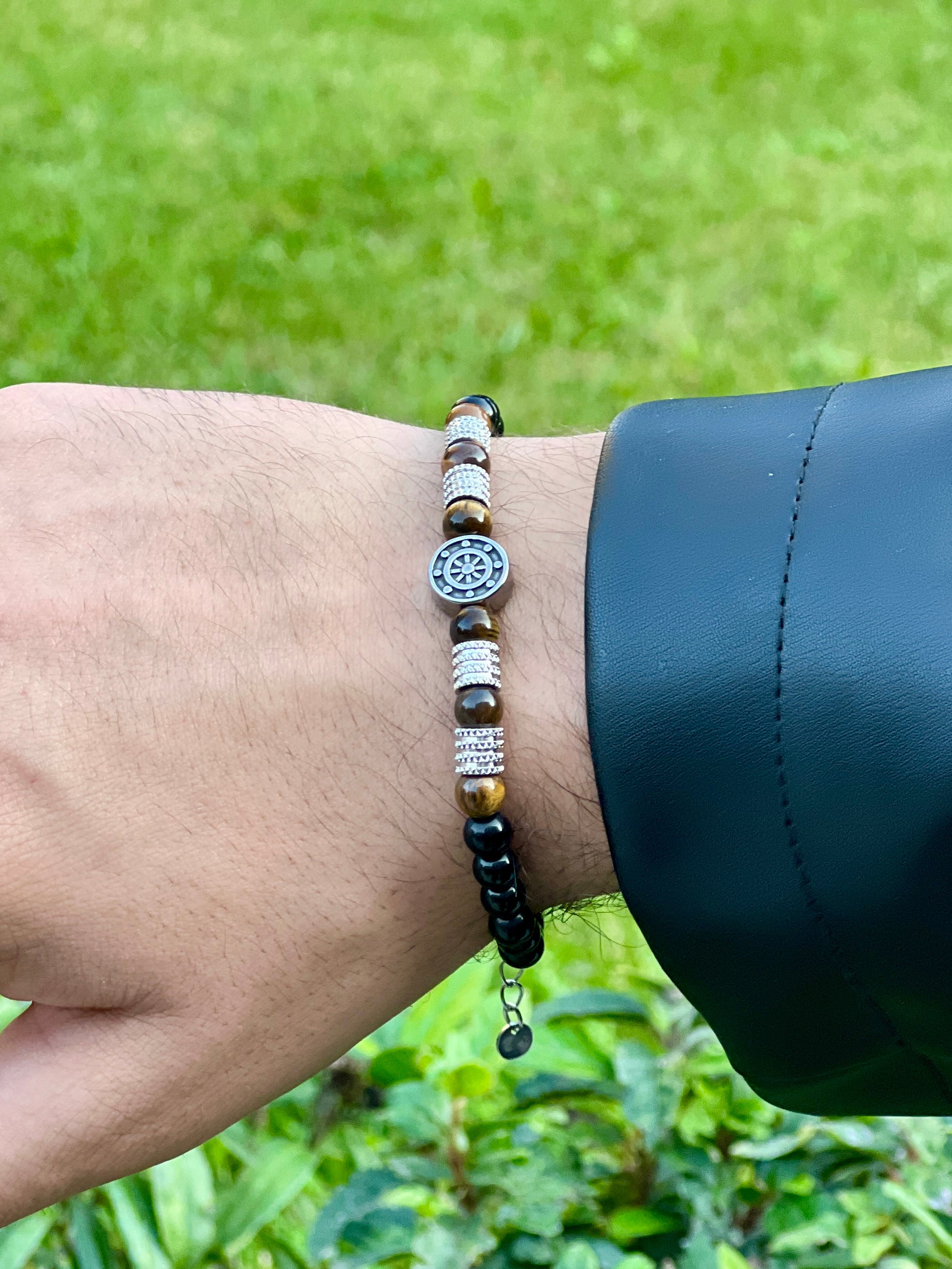 Kaplan Gözü ve Siyah Boncuklu Sembol Detaylı Ayarlanabilir Erkek Bileklik