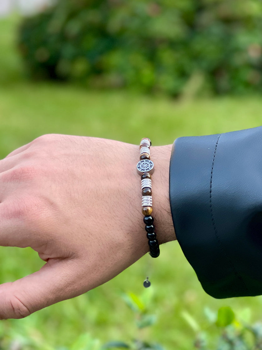 Kaplan Gözü ve Siyah Boncuklu Sembol Detaylı Ayarlanabilir Erkek Bileklik