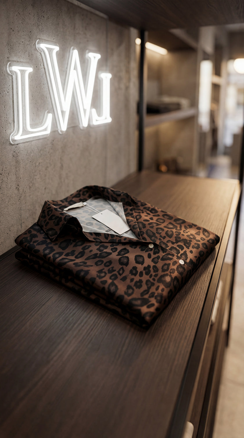 Brown Black Leopard Patterned Satin Classic Collar Women's Shirt