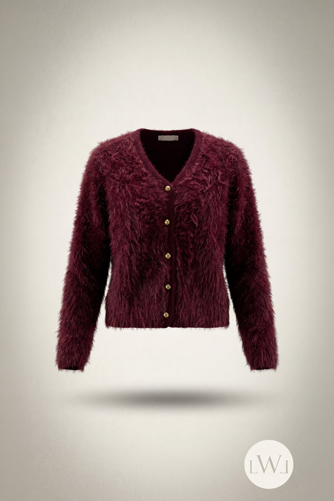 Tüylü Doku V Yaka Gold Düğmeli Örme Triko Hırka