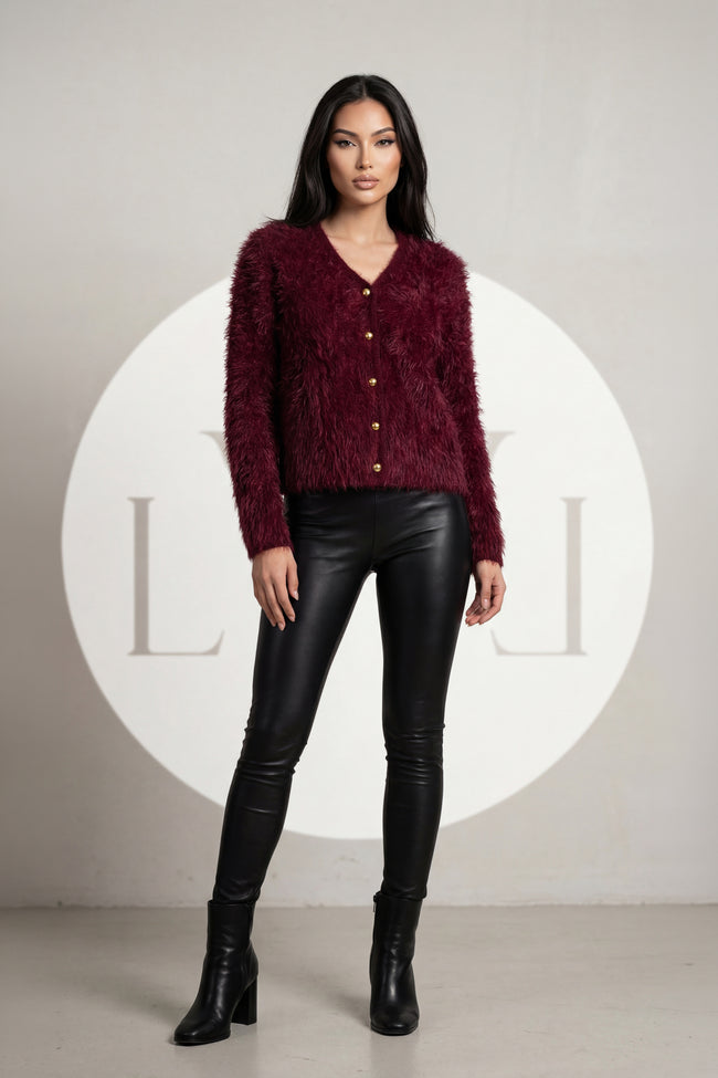 Tüylü Doku V Yaka Gold Düğmeli Örme Triko Hırka