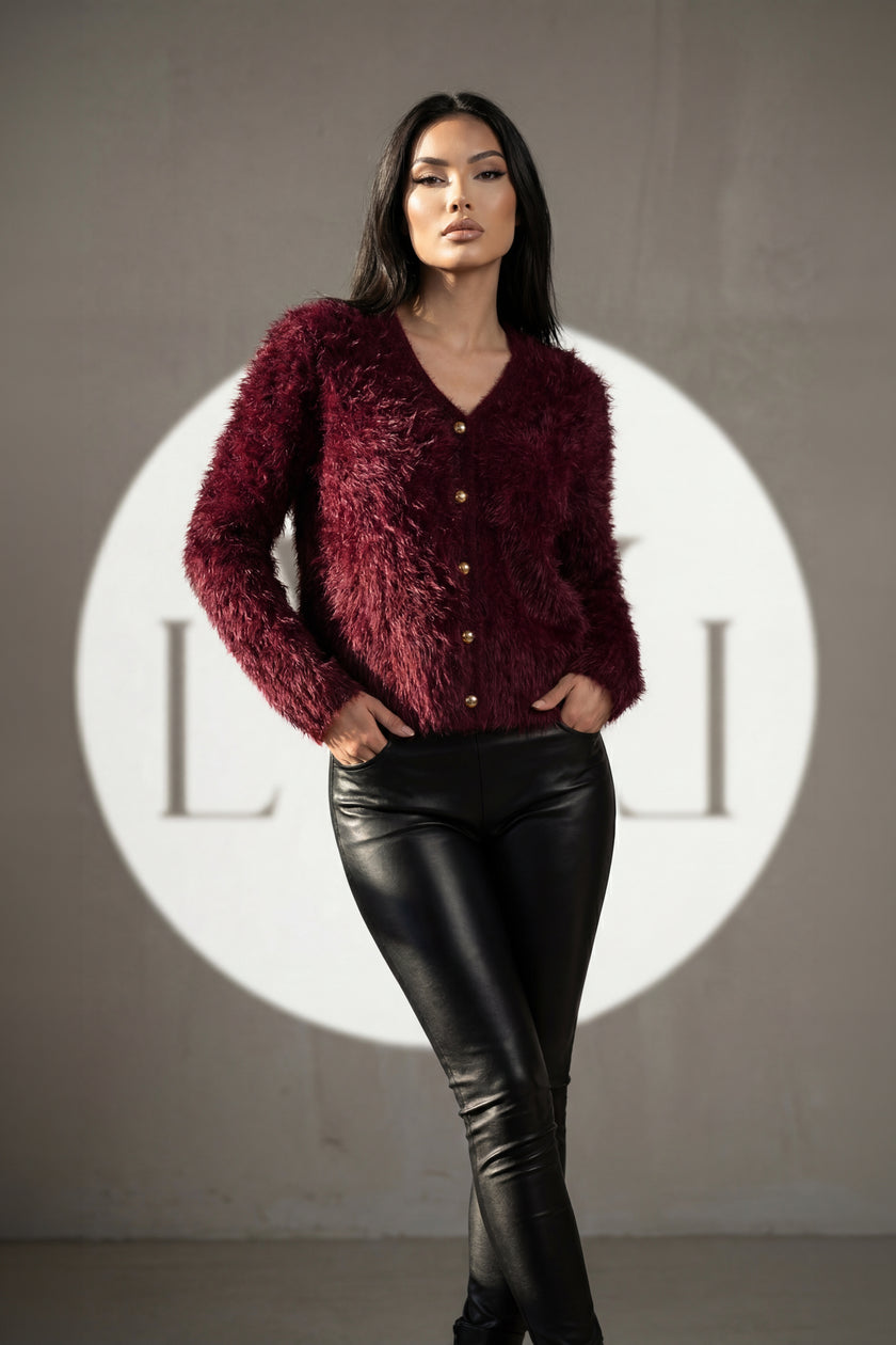 Tüylü Doku V Yaka Gold Düğmeli Örme Triko Hırka