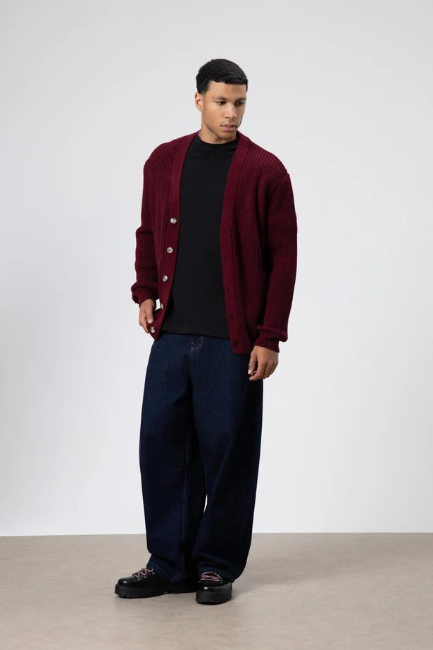 V Yaka Dugmeli Orgu Hirka Kazak Bordo