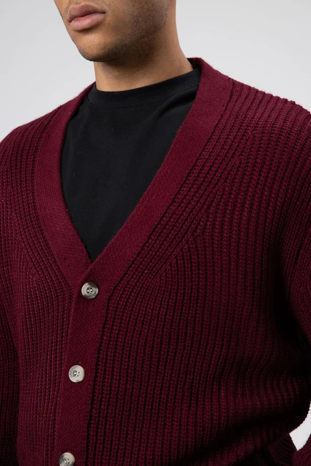 V Yaka Dugmeli Orgu Hirka Kazak Bordo