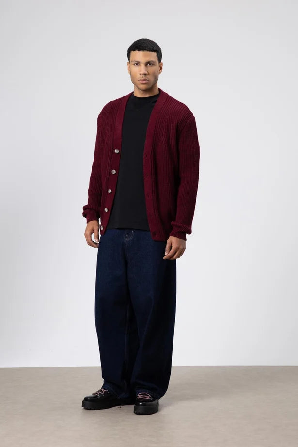 V Yaka Dugmeli Orgu Hirka Kazak Bordo