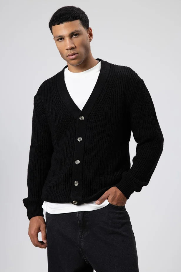 V Yaka Dugmeli Orgu Hirka Kazak Siyah