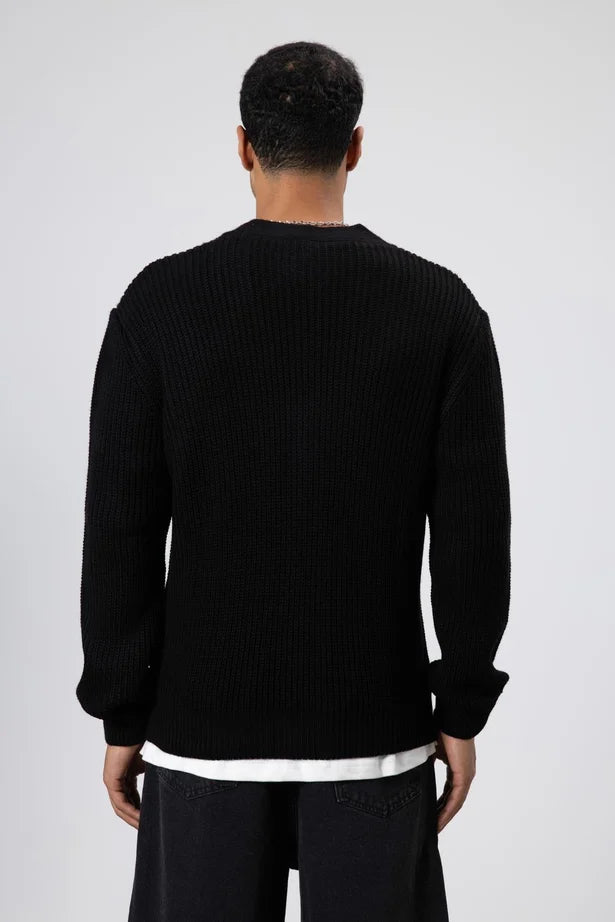 V Yaka Dugmeli Orgu Hirka Kazak Siyah