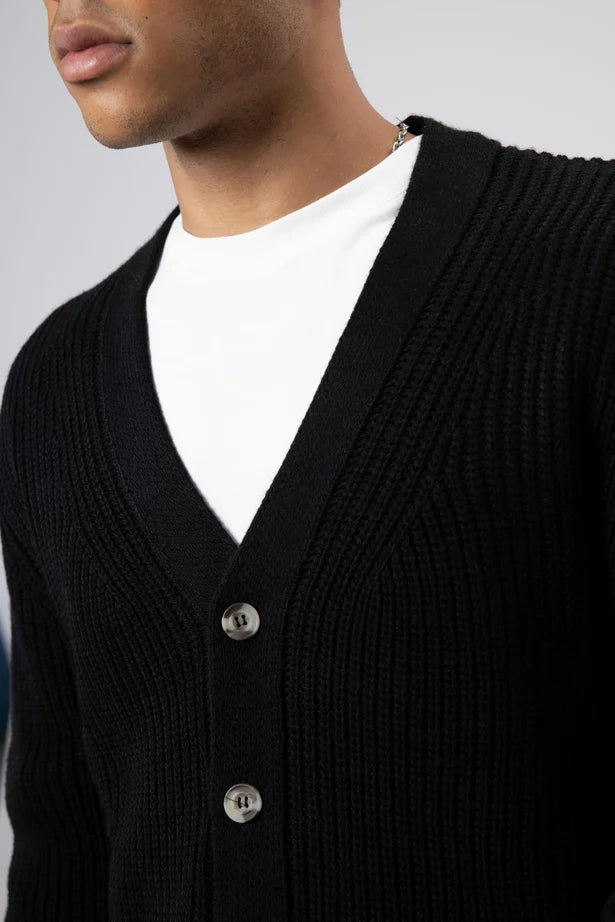 V Yaka Dugmeli Orgu Hirka Kazak Siyah