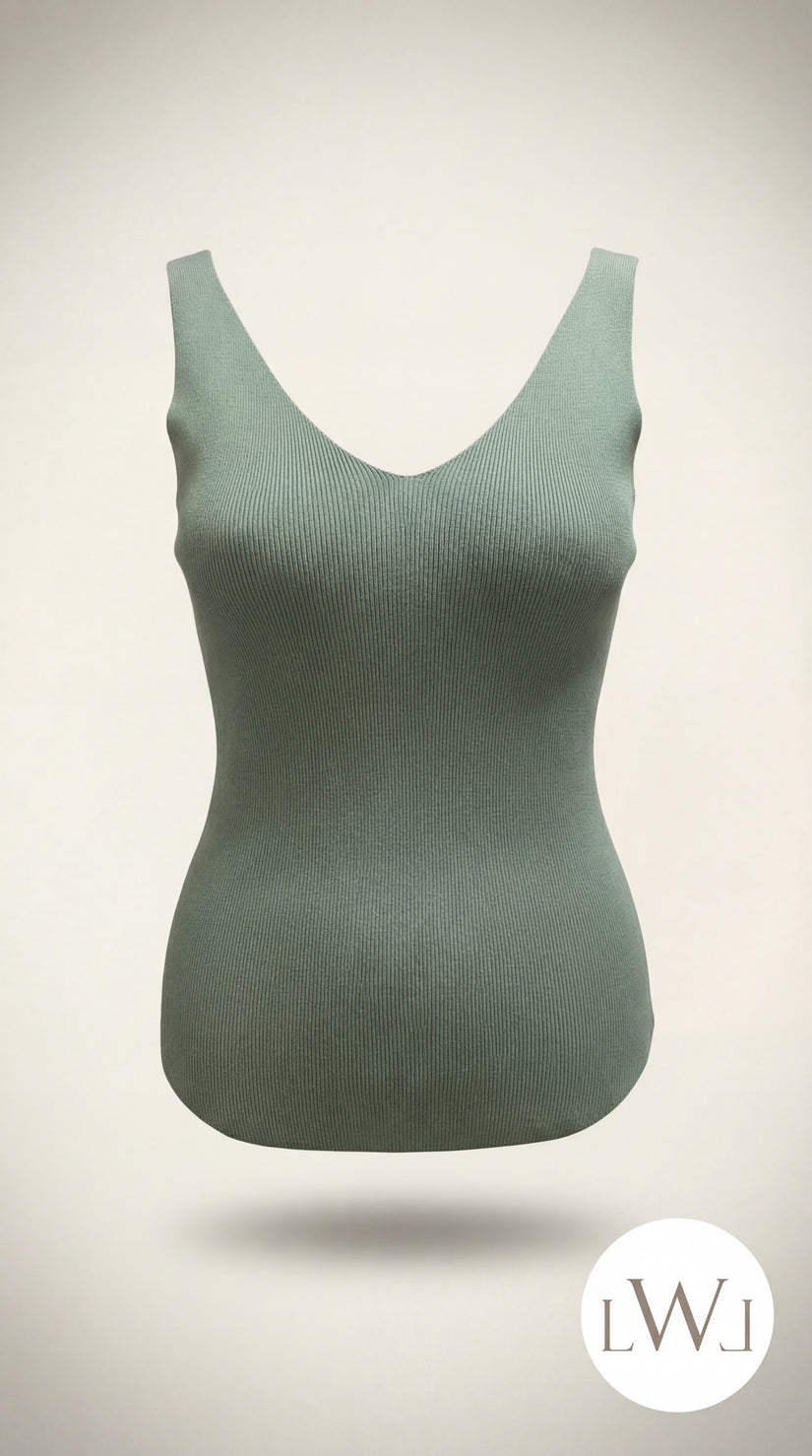 Square Neck White Ribbed Knit Tank/Bodysuit