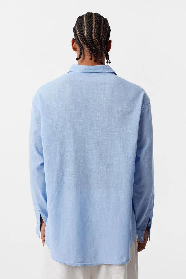 Basic Oversize Pamuk Keten Gömlek Mavi
