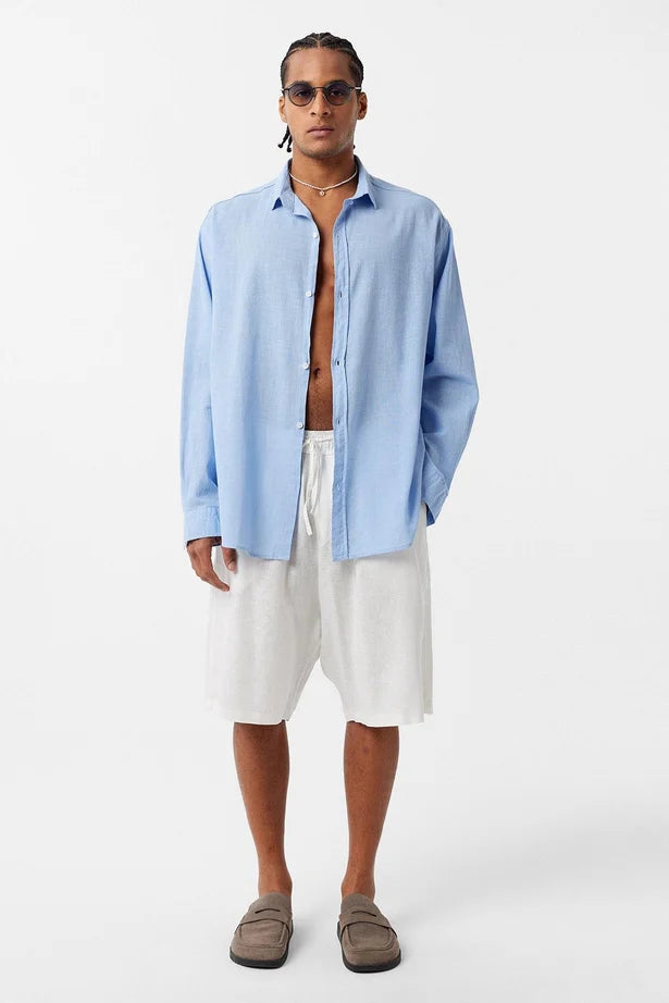 Basic Oversize Cotton Linen Shirt Blue