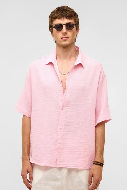 %100 Pamuk Oversize Kısa Kollu Müslin Kumaş Gömlek Pembe