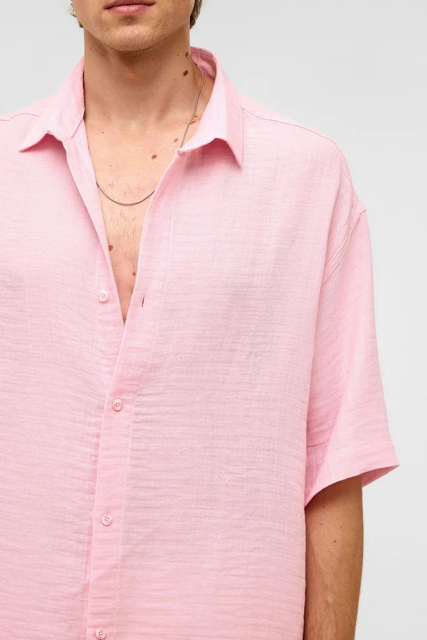 %100 Pamuk Oversize Kısa Kollu Müslin Kumaş Gömlek Pembe