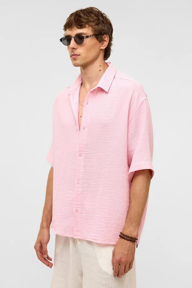 %100 Pamuk Oversize Kısa Kollu Müslin Kumaş Gömlek Pembe