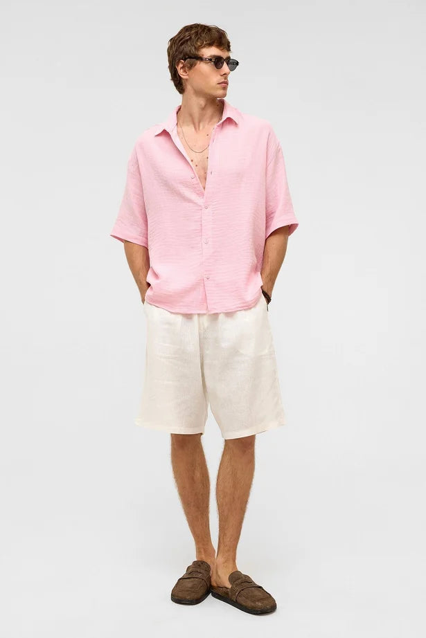 %100 Pamuk Oversize Kısa Kollu Müslin Kumaş Gömlek Pembe