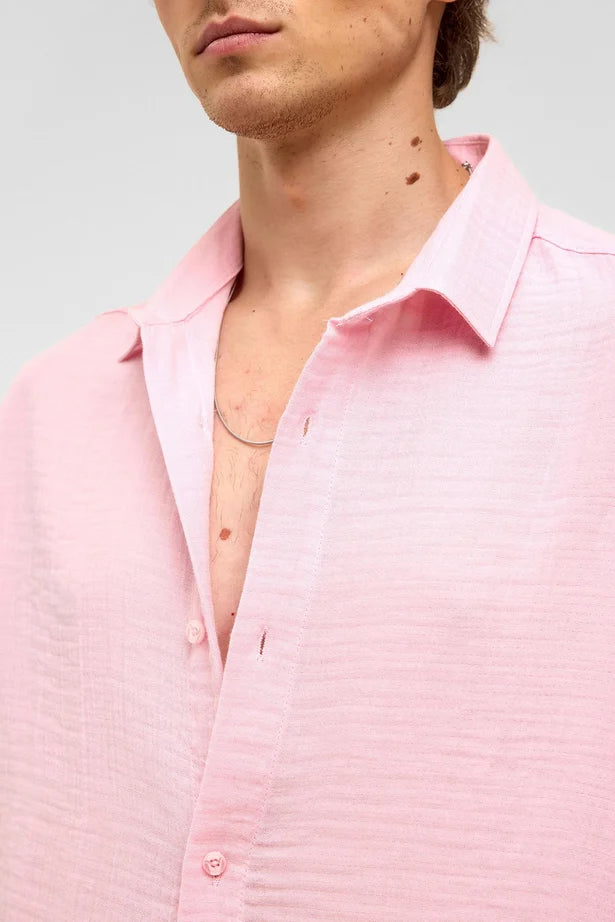 %100 Pamuk Oversize Kısa Kollu Müslin Kumaş Gömlek Pembe