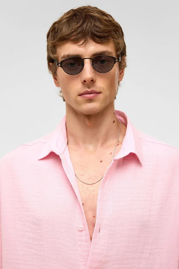 %100 Pamuk Oversize Kısa Kollu Müslin Kumaş Gömlek Pembe