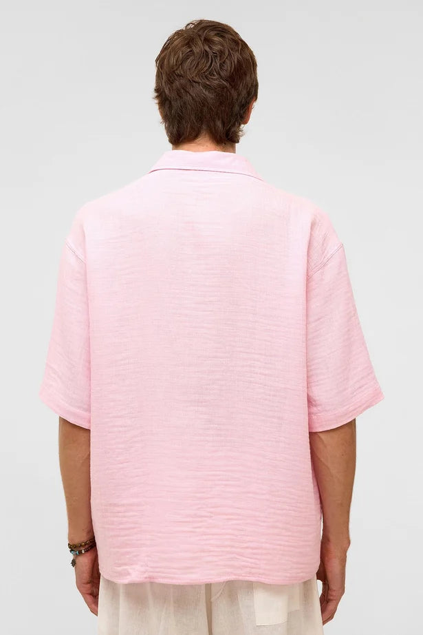 %100 Pamuk Oversize Kısa Kollu Müslin Kumaş Gömlek Pembe