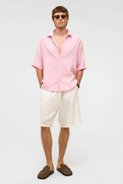 %100 Pamuk Oversize Kısa Kollu Müslin Kumaş Gömlek Pembe