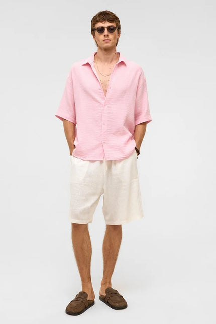 %100 Pamuk Oversize Kısa Kollu Müslin Kumaş Gömlek Pembe
