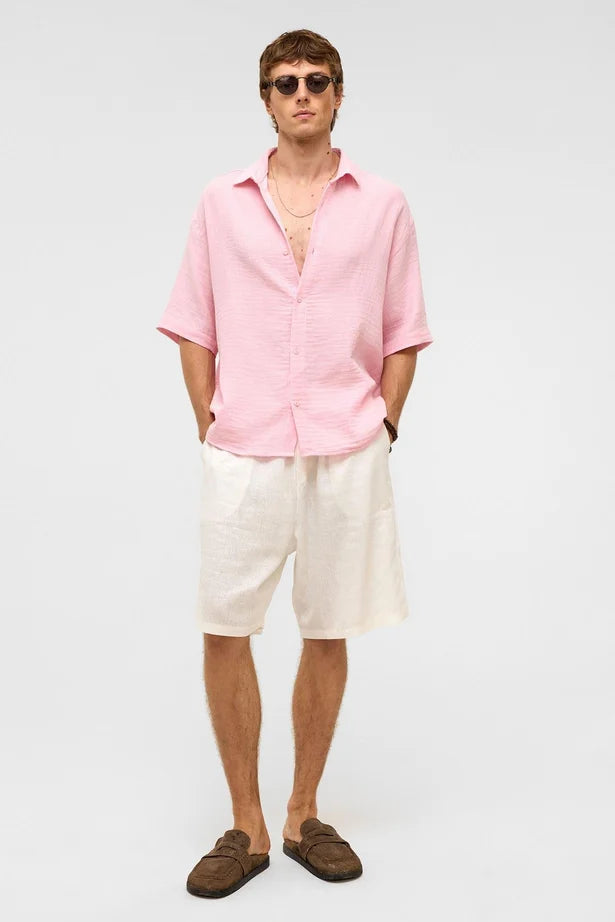 %100 Pamuk Oversize Kısa Kollu Müslin Kumaş Gömlek Pembe