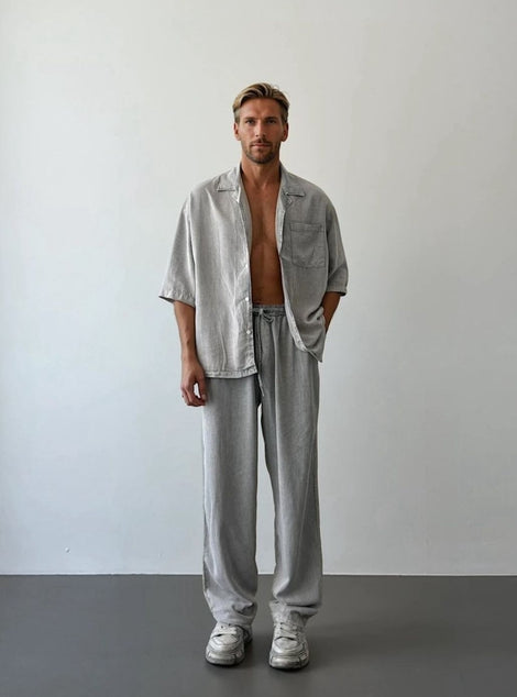 Vamos Asit Yıkamalı %100 Tensel Oversize Kısa Kol Erkek Gömlek Gri