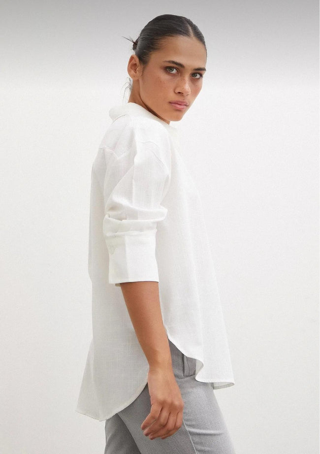 Keten Görünümlü Beyaz Oversize Klasik Gömlek