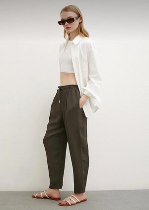 Haki Lastik Belli İp Detaylı Dökümlü Rahat Kesim Pantolon