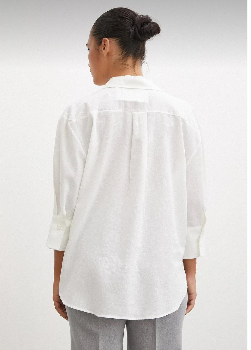 Keten Görünümlü Beyaz Oversize Klasik Gömlek
