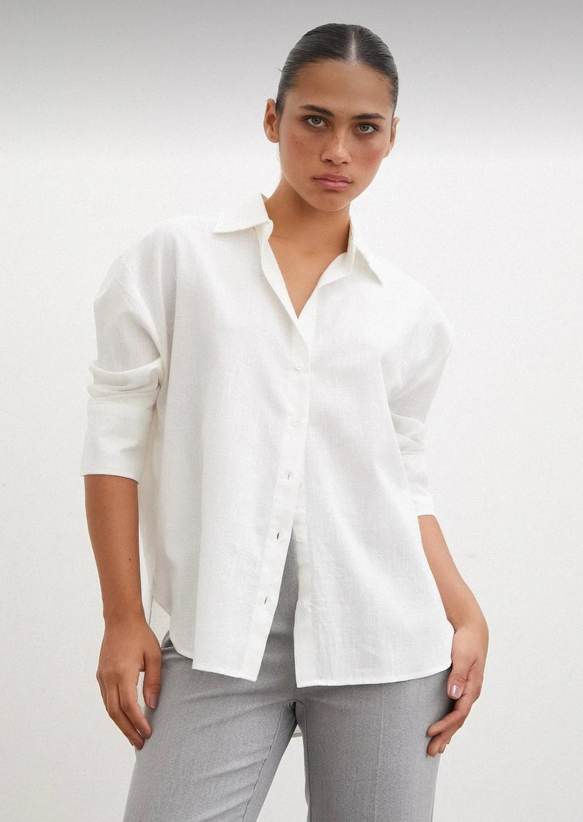 Keten Görünümlü Beyaz Oversize Klasik Gömlek