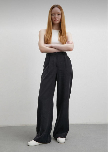 High Waist Pleated Black Wide Leg Women's Fabric Trousers