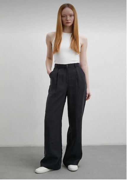 High Waist Pleated Black Wide Leg Women's Fabric Trousers