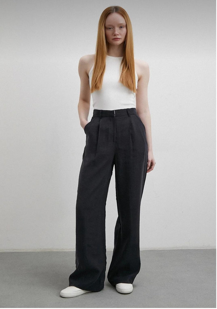 High Waist Pleated Black Wide Leg Women's Fabric Trousers
