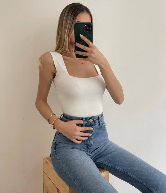 Kare Yaka Fitilli Beyaz Triko Atlet/Body