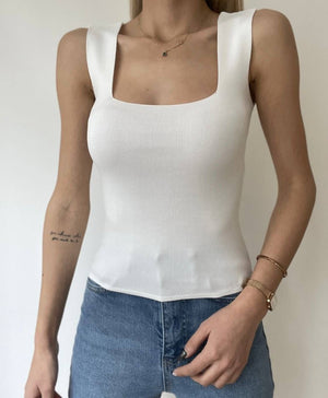 Kare Yaka Fitilli Beyaz Triko Atlet/Body